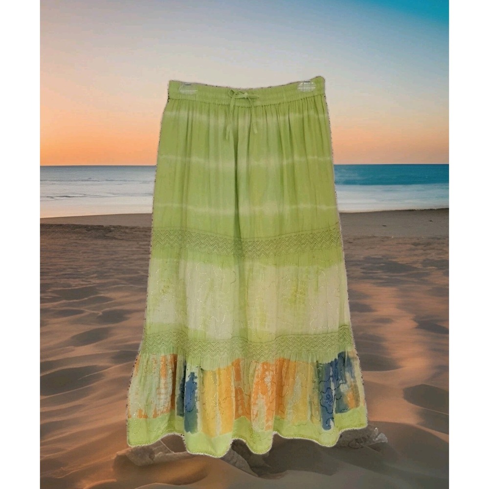 Henna Midi Skirt One Sz. Lime Green Tie Die Lace Hippie Gypsy Fairycore Festival